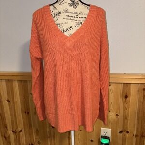 Soft Surroundings Oversized V-neck Open Knit Tunic Sweater Orange Medium